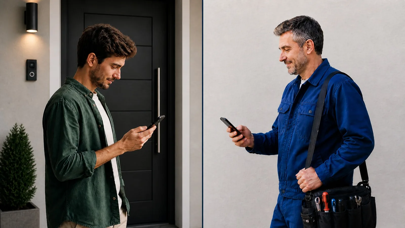 Le client et le serrurier consultent leur téléphone — image miroir Serrugo